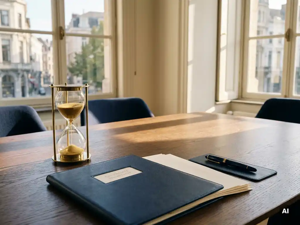 Zandloper met gouden zand op eikenhouten bureau naast kandidatenlijst en pen, warm ochtendlicht in Brussels kantoor.