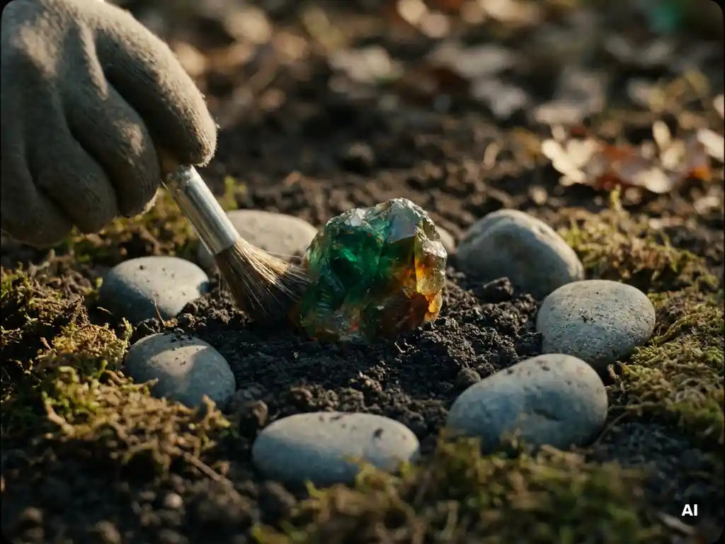 Zeldzame groene edelsteen half begraven in donkere aarde, voorzichtig blootgelegd door een hand tussen gewone grijze kiezelstenen.