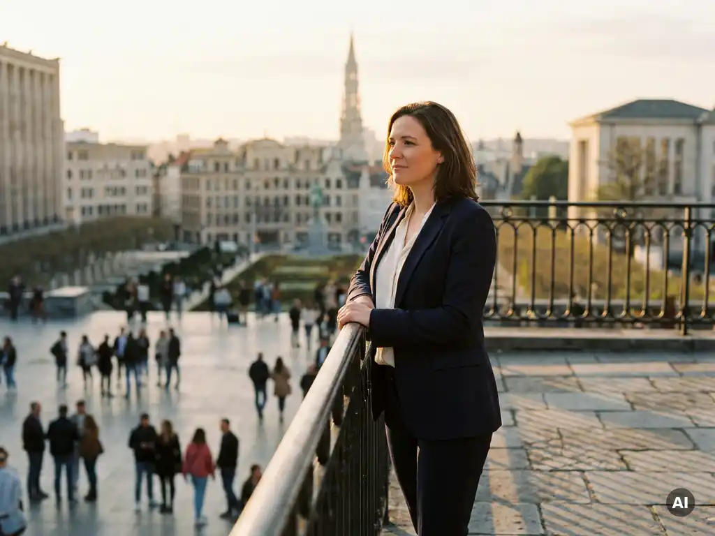 Professional in marineblauw blazer op zonnig Brussels dakteras tijdens gouden uur, ontspannen maar zelfverzekerd, zachte bokeh op achtergrond.