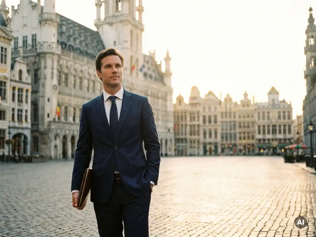 Professional in maatpak met leren portfolio op de verlichte Grote Markt van Brussel tijdens het gouden uur.