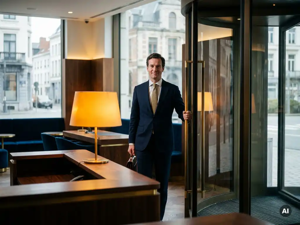 Zelfverzekerde professional in maatpak betreedt modern Belgisch kantoor met aktetas, warm licht en vloer-tot-plafond ramen.