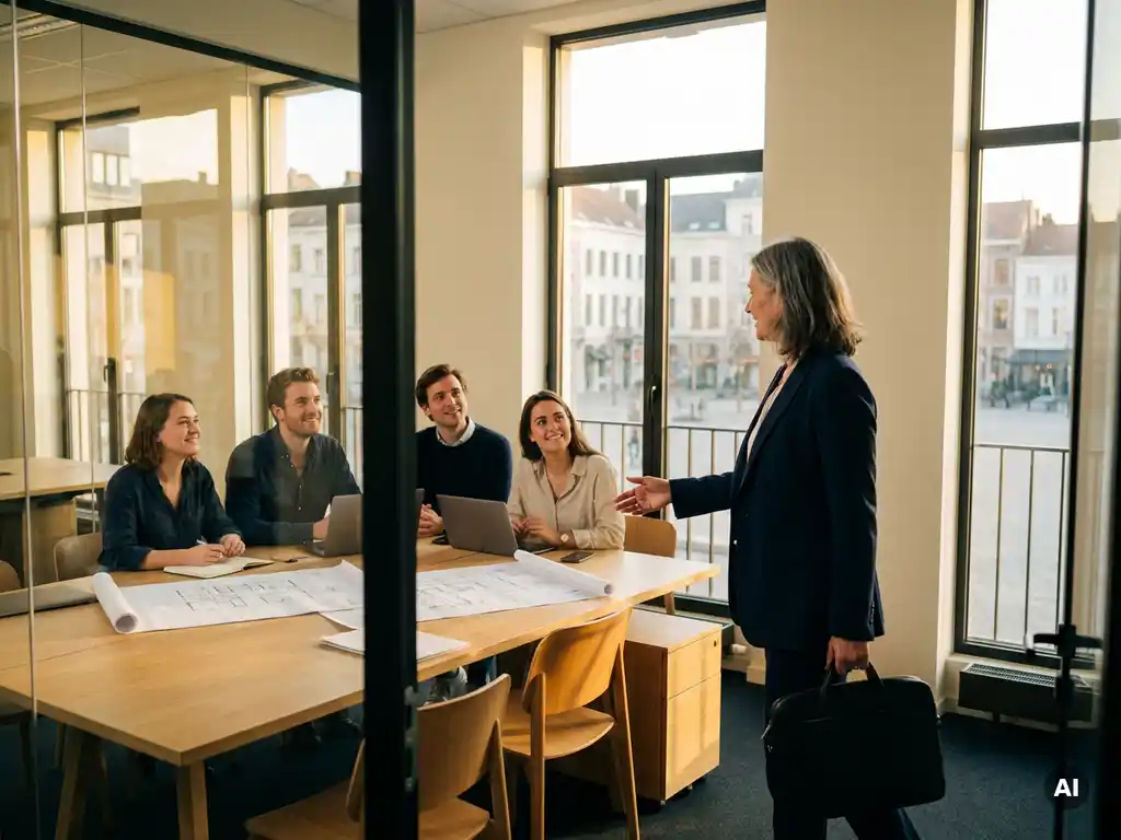 Zelfverzekerde professional in blazer betreedt modern Brusselse vergaderzaal waar team rond conferentietafel werkt, gouden daglicht door raamwand.