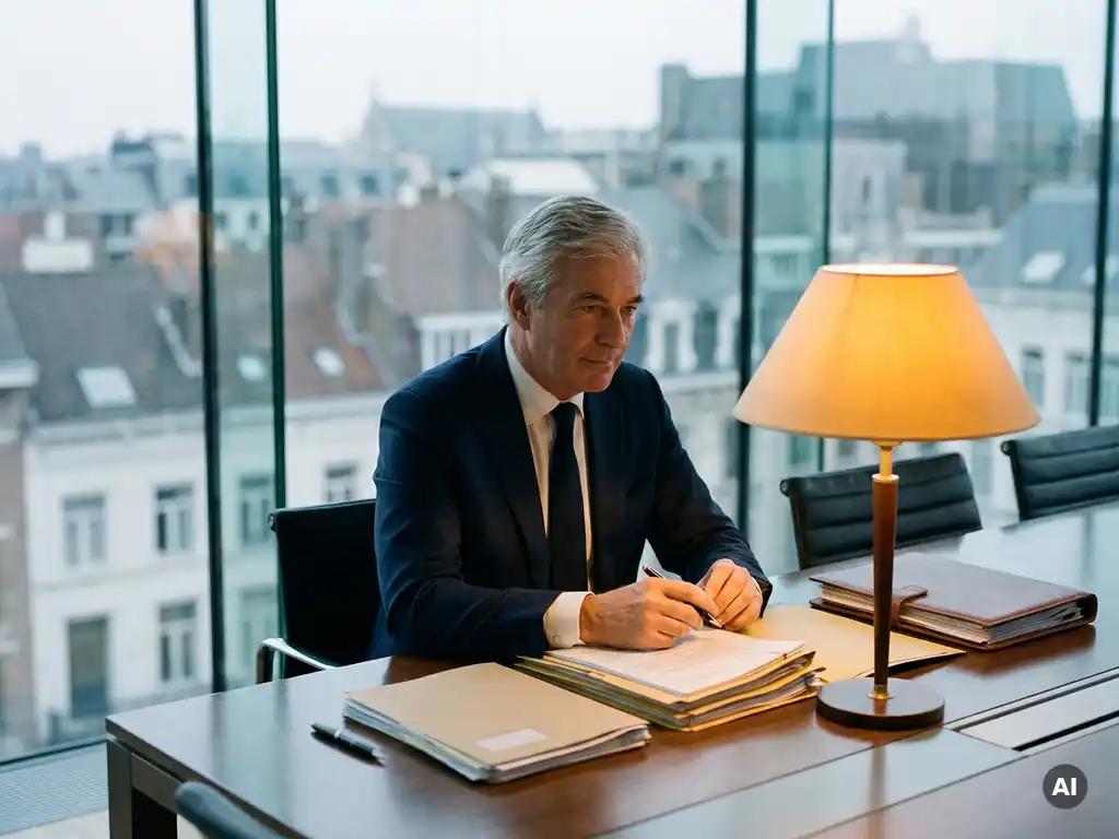 Professional in maatpak bekijkt documenten aan glazen vergadertafel in Brusselse boardroom, verlicht door warm amberkleurig bureaulamp.