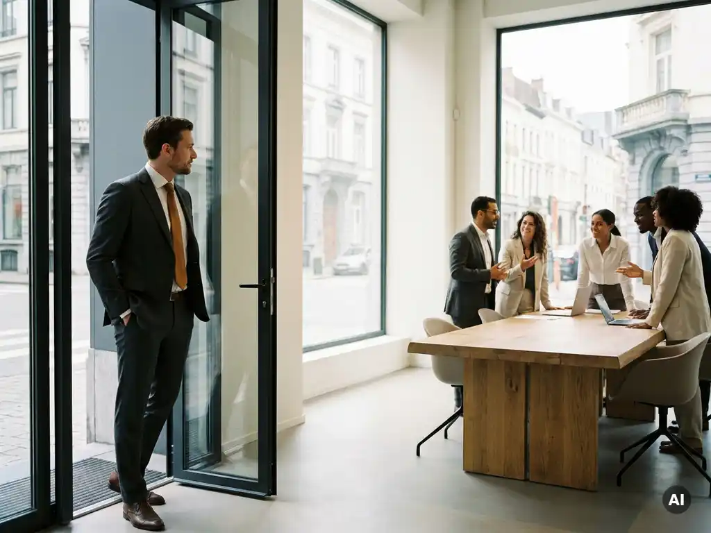 Interimmanager in maatpak staat op de drempel van een modern Brusselse kantoor terwijl een team overlegt aan een eikenhouten tafel.