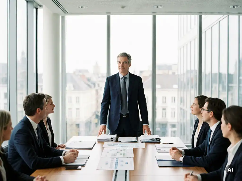 Ervaren manager in maatpak leidt reorganisatievergadering in glazen boardroom Brussel met organigrammen op tafel.