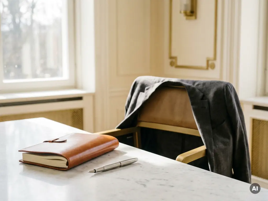 Open leren notitieboek met zilveren pen op marmeren bureau, linnen blazer over stoel, warm natuurlijk zijlicht.