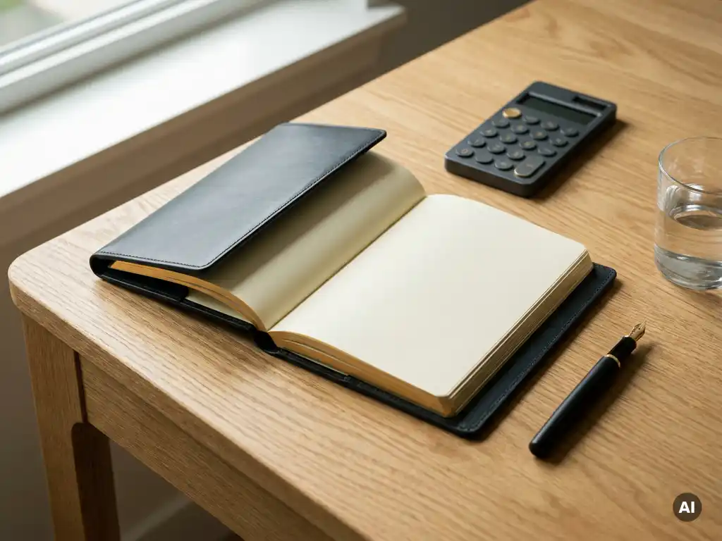Opengeslagen leren notitieboek met vulpen en calculator op eikenhouten bureau, zacht natuurlijk licht en gouden accenten.