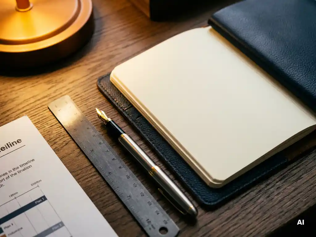 Open leren notitieboek met metalen liniaal en vulpen op donker eiken bureau, verlicht door warm amber bureaulamp.