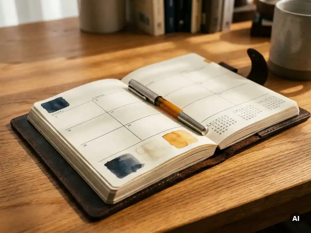 Opengeslagen leren agenda met tijdlijn en kalenderraster op eikenhouten bureau, pen diagonaal op pagina's, warm middaglicht.
