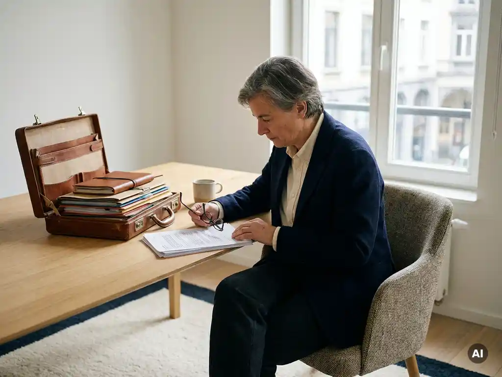 Professional in blazer bekijkt documenten aan minimalistisch bureau in Brussel, open leren aktetas naast hen, zacht natuurlijk zijlicht.