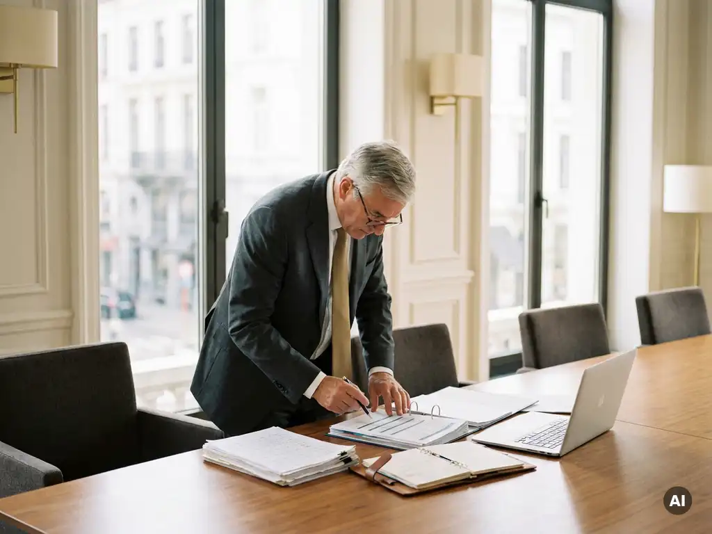 Professional in maatpak bestudeert documenten aan conferentietafel in Brussels kantoor met vloer-tot-plafond ramen.