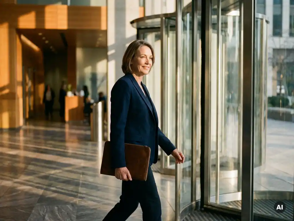 Professional in blazer met leren portfolio betreedt modern glazen kantoorgebouw in Brussel tijdens gouden uur.