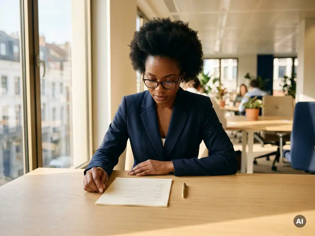 Professional in blazer bestudeert eenpagina-document aan een eikenhouten bureau in een Brusselse open kantoorruimte, warm middaglicht.