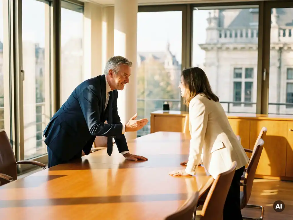 Ervaren professional in maatpak voert gesprek aan vergadertafel in Brussels kantoor met gouden middaglicht.