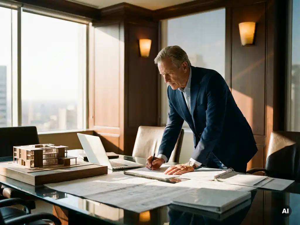 Zakenman in maatpak bestudeert projectdocumenten aan glazen vergadertafel met architectuurmodel en laptop.