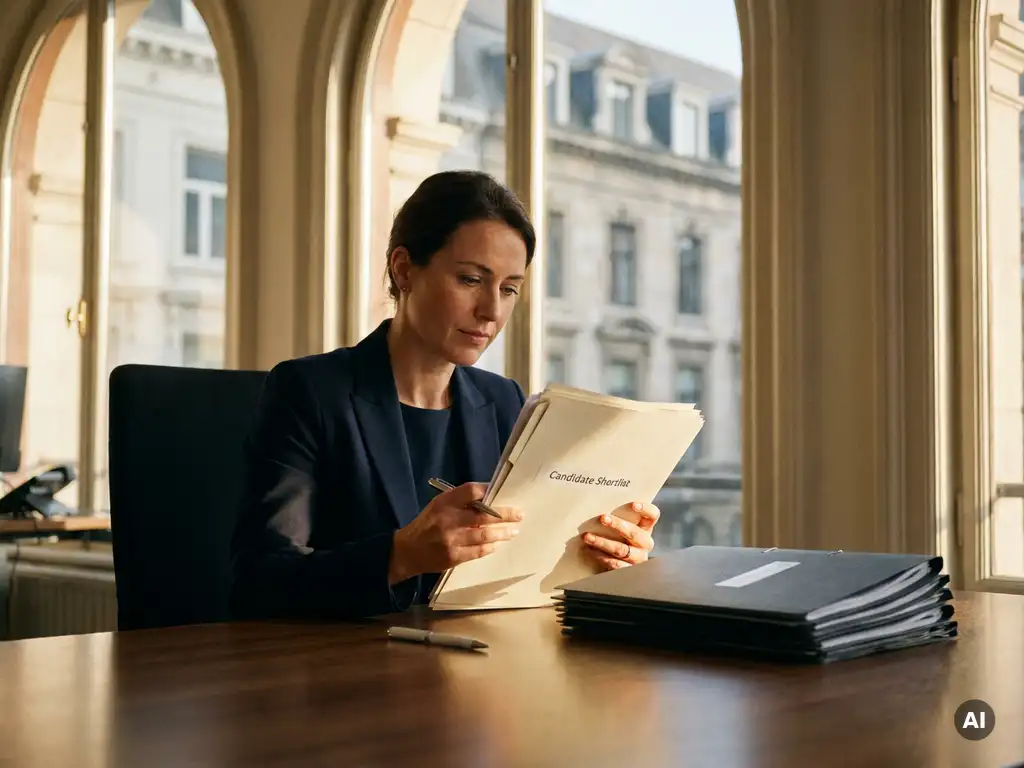 Professional in maatpak bekijkt kandidatendossiers aan een eikenhouten bureau in een Brussels kantoor met warm natuurlijk licht.