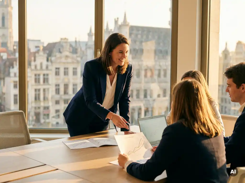 Ervaren professional in blazer sluit aan bij team rond eikenhouten vergadertafel met groeigrafiek en laptop, Brussel op achtergrond.