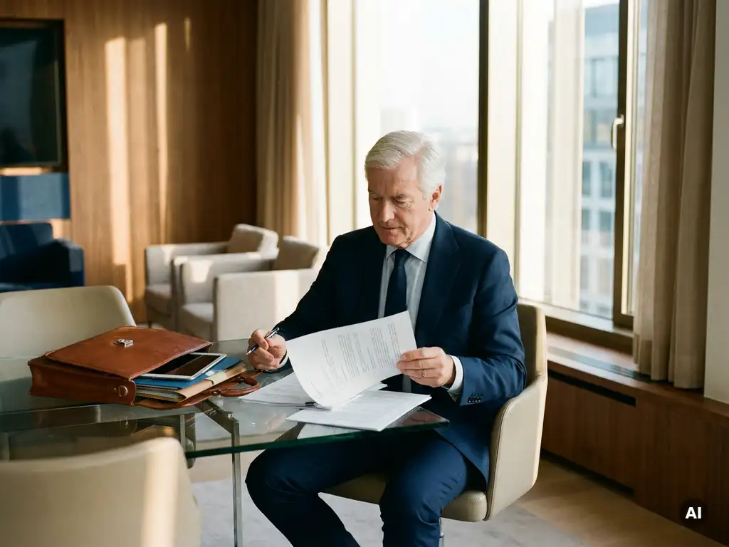 Ervaren professional in maatpak bestudeert projectdocumenten aan glazen bureau in modern Brussel kantoor met panoramaramen.