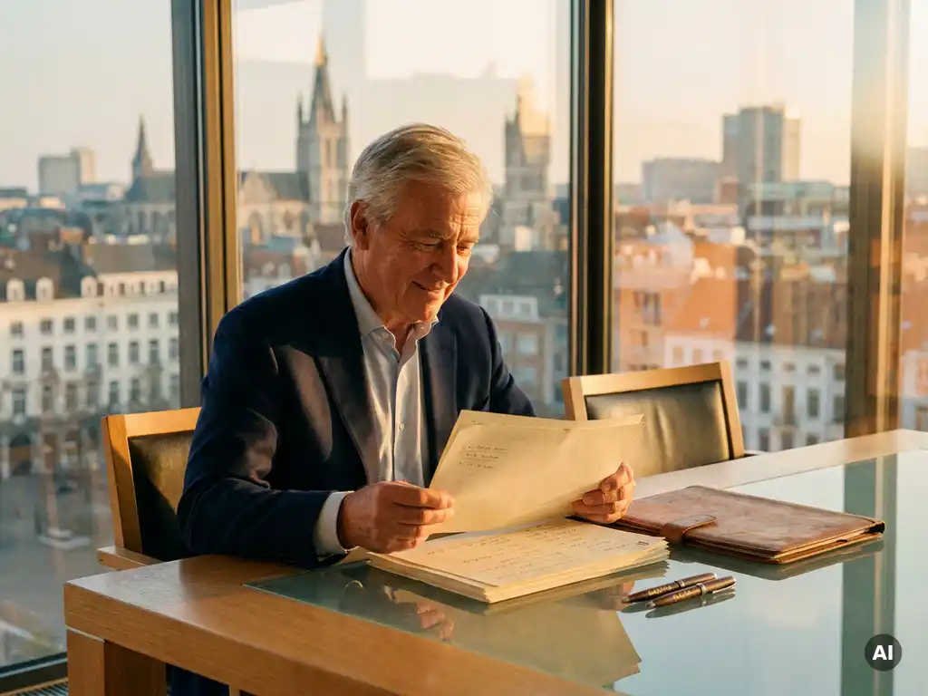 Belgische senior executive bestudeert strategiedocumenten aan glazen vergadertafel met stadsgezicht op de achtergrond in warm middaglicht.
