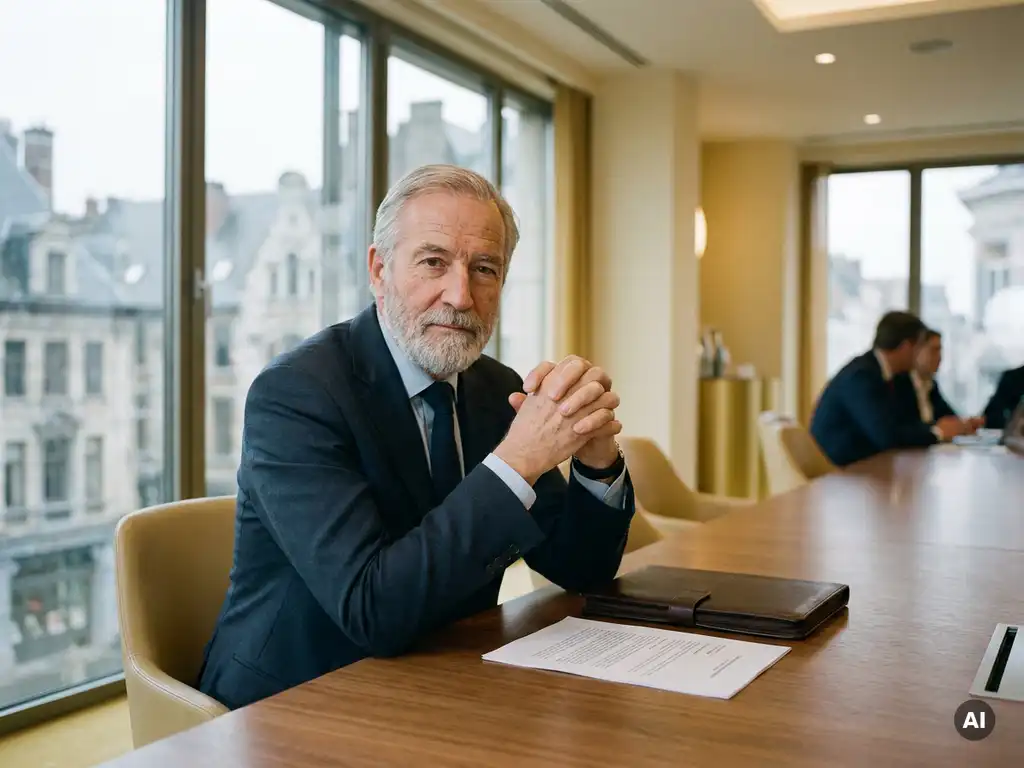 Ervaren professional in maatpak aan vergadertafel in Brussel met leren portfolio en document, evaluerende houding.