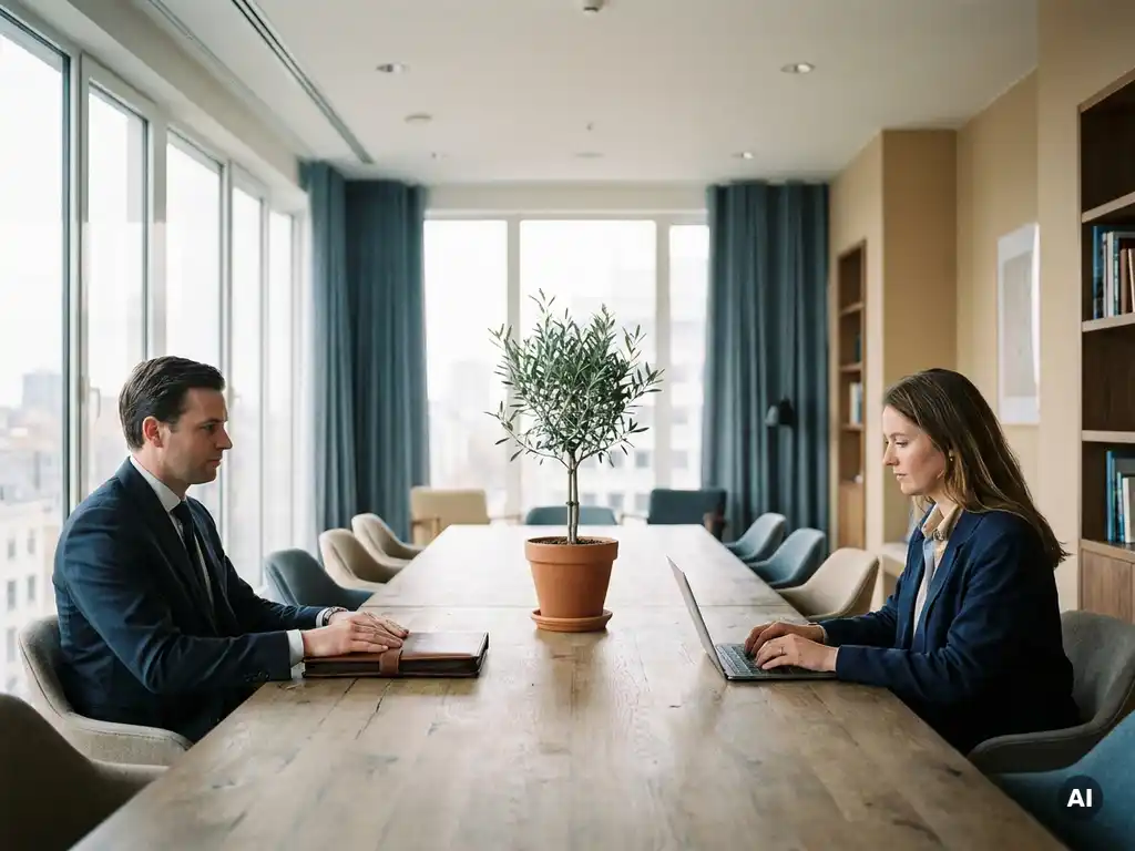 Twee professionals aan een eiken vergadertafel in een Belgisch kantoor met grote ramen en natuurlijk zijlicht.