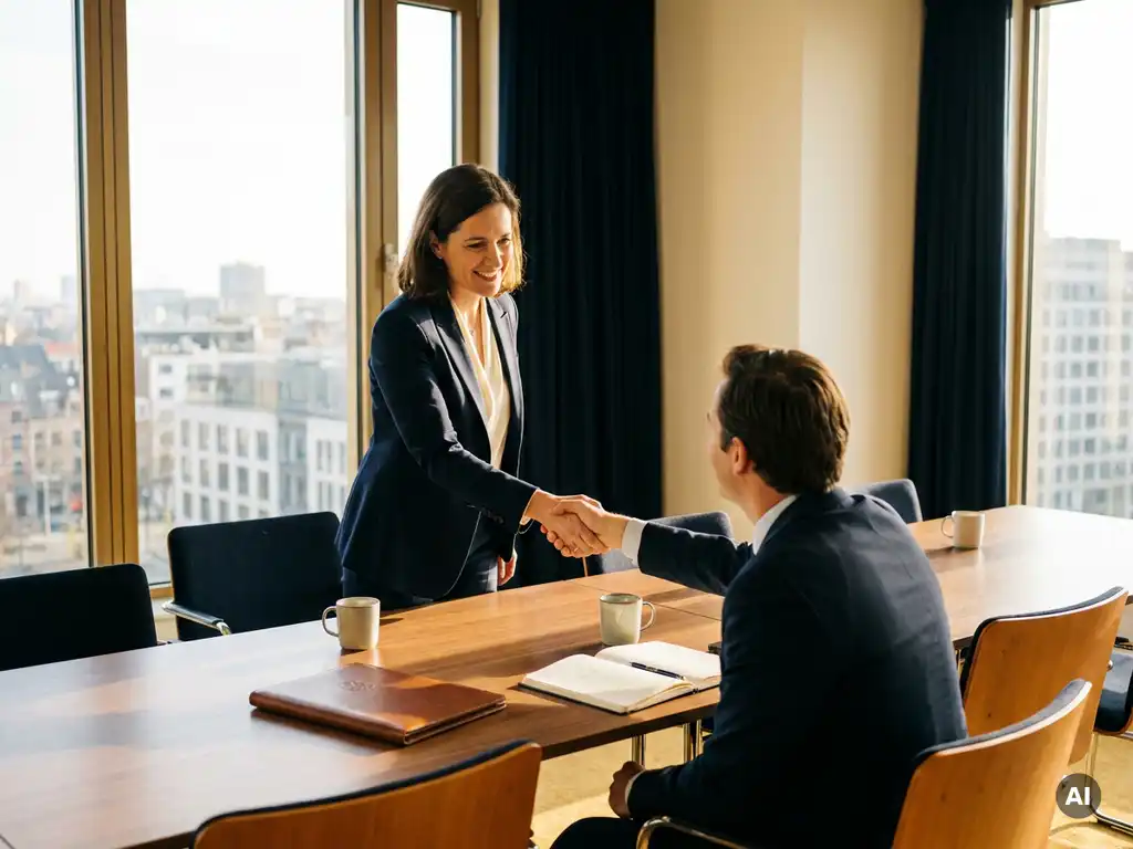 Zelfverzekerde professional in blazer schudt hand met executive aan vergadertafel in Brussels kantoor met gouden middaglicht.