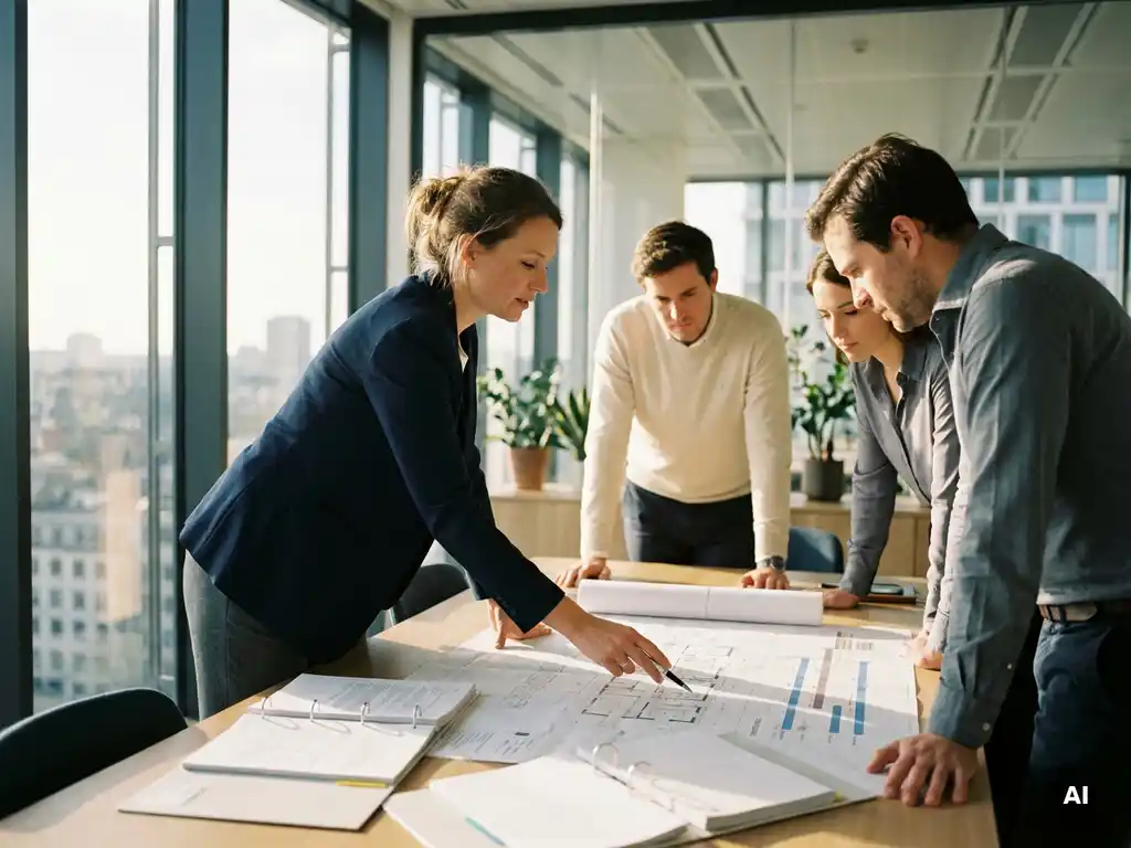 Ervaren consultant in blazer bespreekt projectdocumenten met intern team aan vergadertafel met architectuurtekeningen in Brussel.