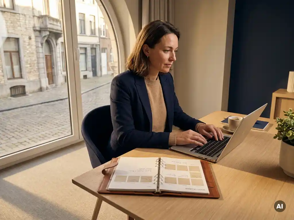 Professional aan modern bureau in Brussel met laptop en weekplanner, warm goudkleurig middaglicht door grote ramen.