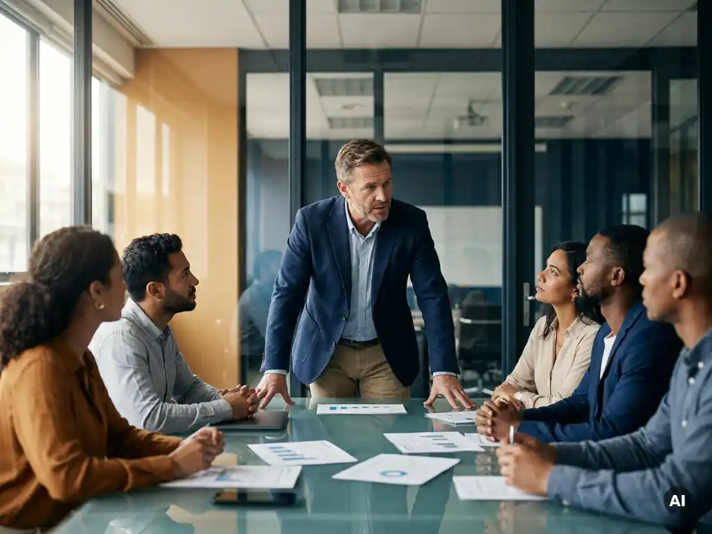 Interim manager in blazer leidt vergadering in glazen boardroom, handen op tafel, teamleden en prestatierapporten zichtbaar.