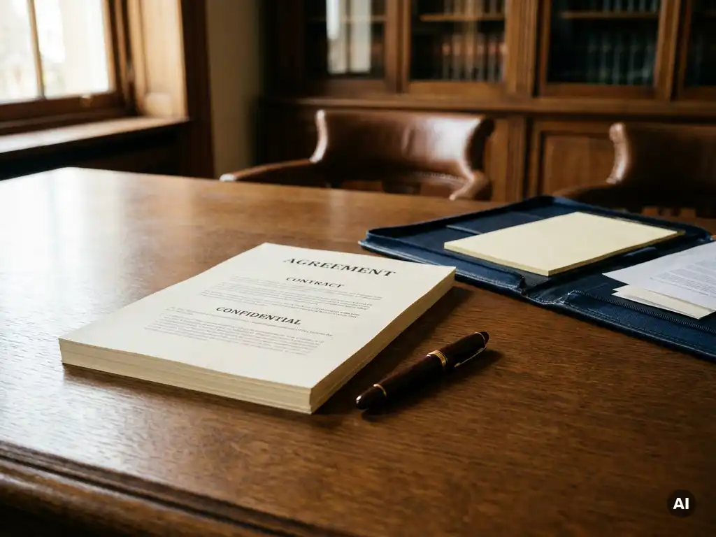 Juridisch contract op donker eiken bureau naast een vulpen en open leren portfolio, zacht natuurlijk licht met ondiepe scherptediepte.