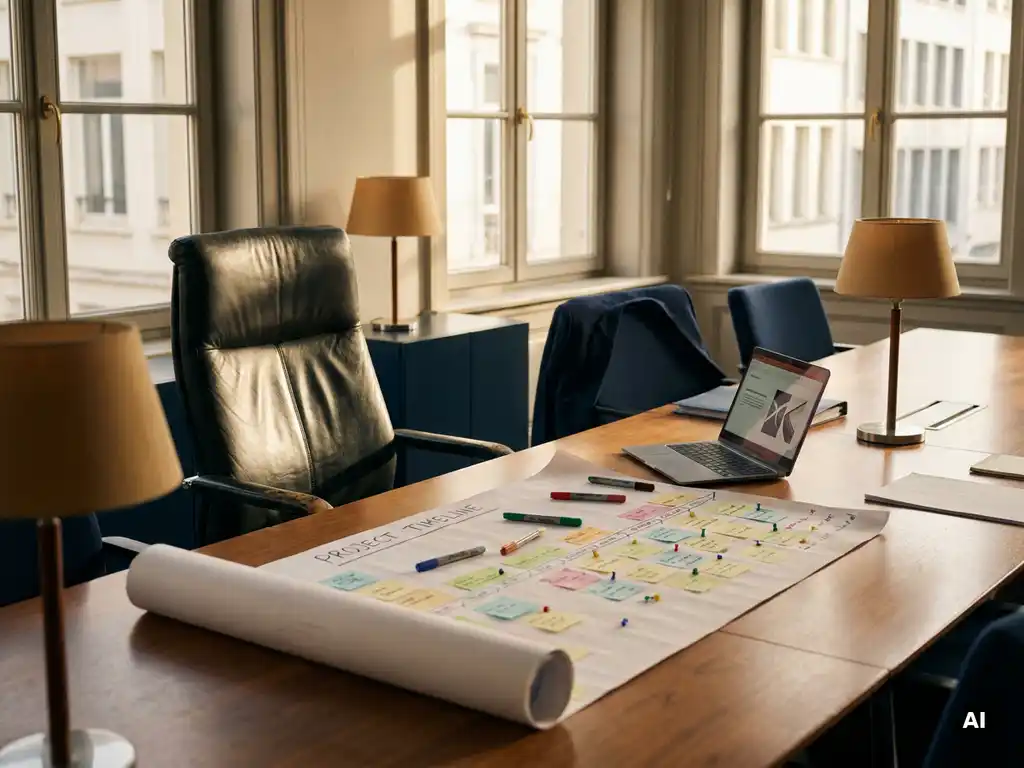 Leeg leren bureaustoel aan conferentietafel met projecttijdlijn, gekleurde markers en laptop in Brussels kantoor.