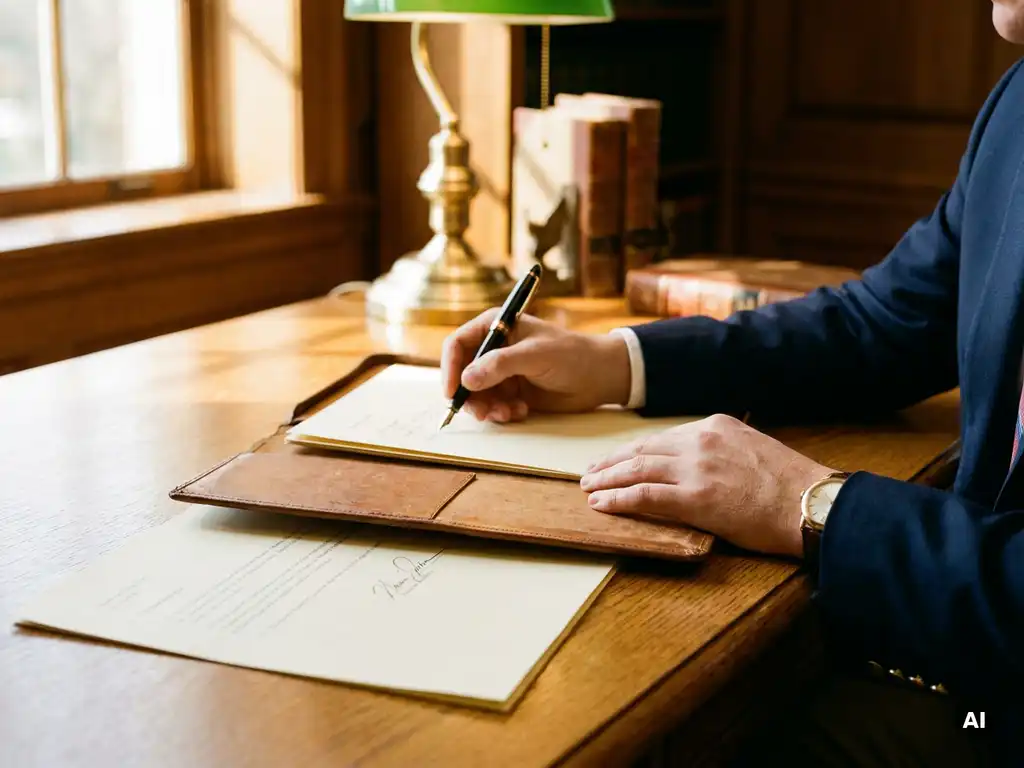 Hand die met vulpen een wijziging toevoegt aan een leder contractmap op gepolijst eiken bureau, warm gouden middaglicht.