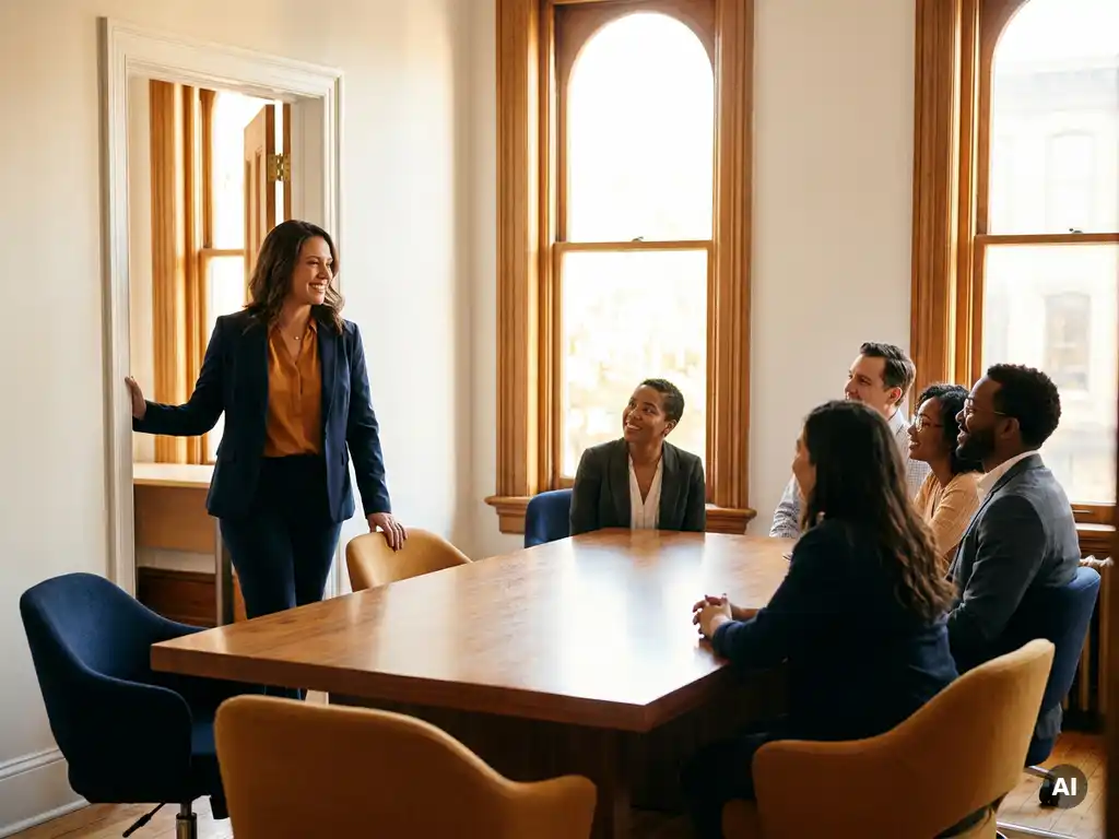 Zelfverzekerde professional in blazer betreedt vergaderruimte waar team wacht bij tafel met leeg stoeltje aan het hoofd.