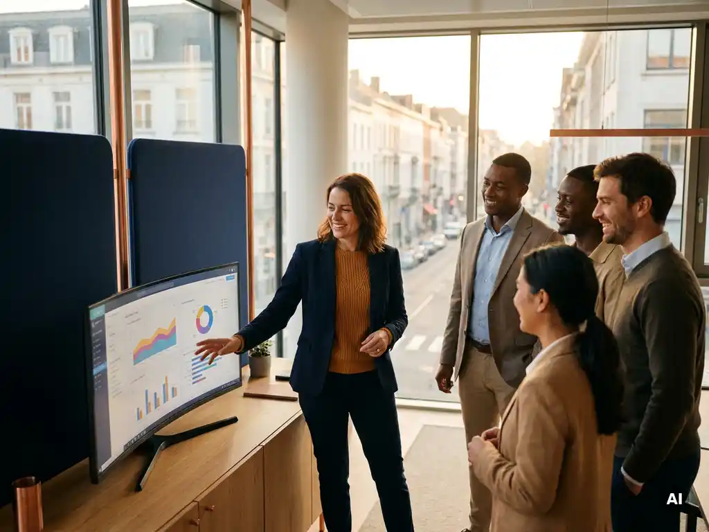 Nieuwe medewerker sluit aan bij team rond monitor met datadashboards in modern Brusselse kantooromgeving met warm licht.