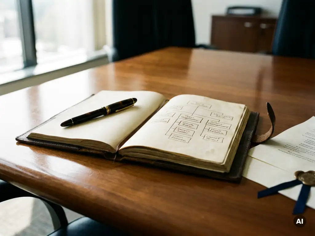 Opengeslagen leren notitieboek met handgetekend organogram en vulpen op gepolijste vergadertafel, naast gevouwen contract.
