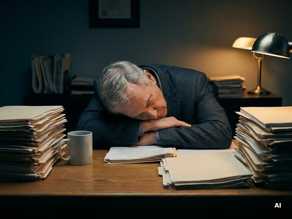 Uitgeputte senior manager hangend over een eikenhouten bureau bezaaid met documentenstapels, koude koffie op de achtergrond, warm schemerlicht.