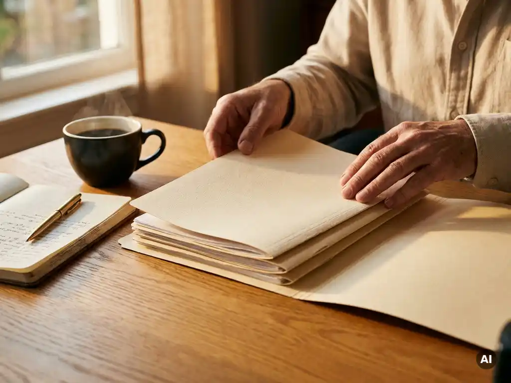 Recruiter rangschikt een selectie kandidaatdossiers op een eikenhouten bureau, met koffie en notities in warm natuurlijk licht.