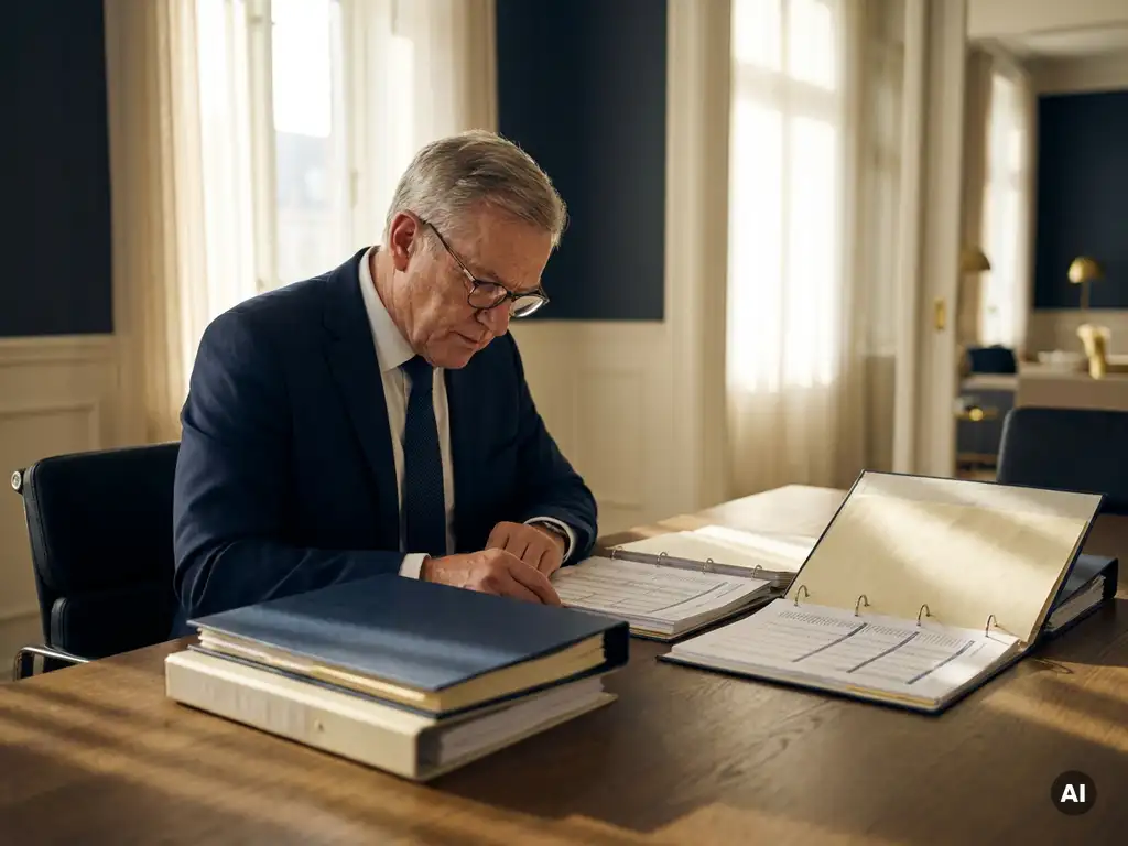 Senior financieel professional controleert auditbinders en spreadsheets aan een eikenhouten bureau in een modern Brusselse kantoor.