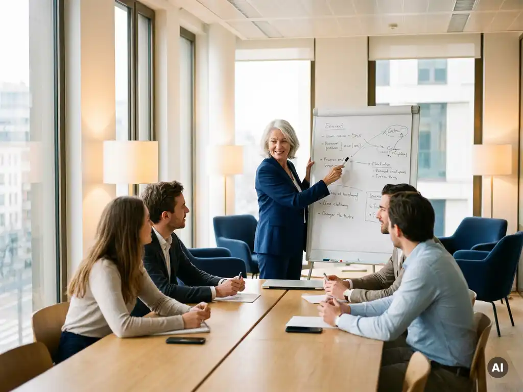 Ervaren professional leidt strategische teamvergadering bij whiteboard in modern Brusselse kantoor met warm natuurlijk licht.