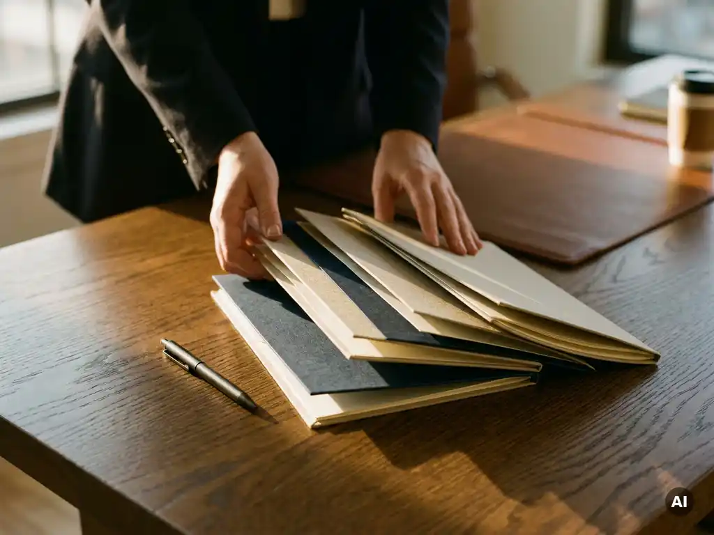 Hiring manager rangschikt drie kandidatenprofielen als een waaier op een donker eiken bureau, met een pen ernaast.