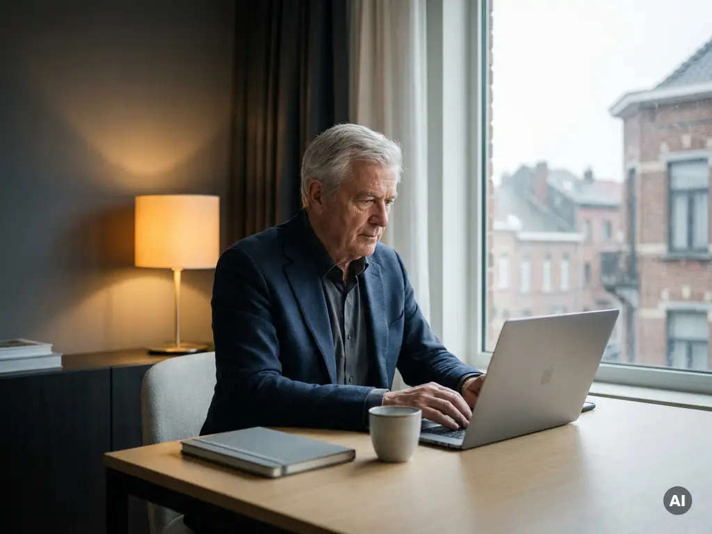 Senior professional in getailleerd blazer werkt geconcentreerd aan minimalistisch thuiskantoor met laptop, notitieboek en koffie, Belgische stadsgezicht op achtergrond.
