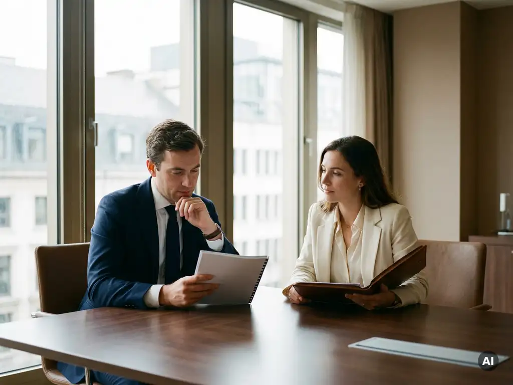 Twee zakelijke professionals aan een vergadertafel in Brussel, één bekijkt een contract, de ander houdt een portfolio vast.